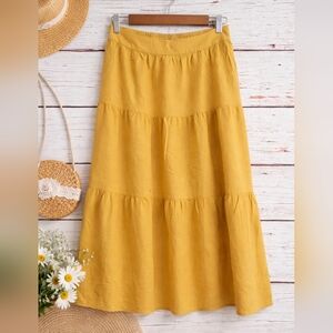 Matty M Mustard Yellow Linen Blend Tiered Midi Skirt Elastic Waist Size M